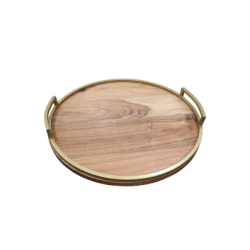 Plateau rond en bois avec poign dor 18''